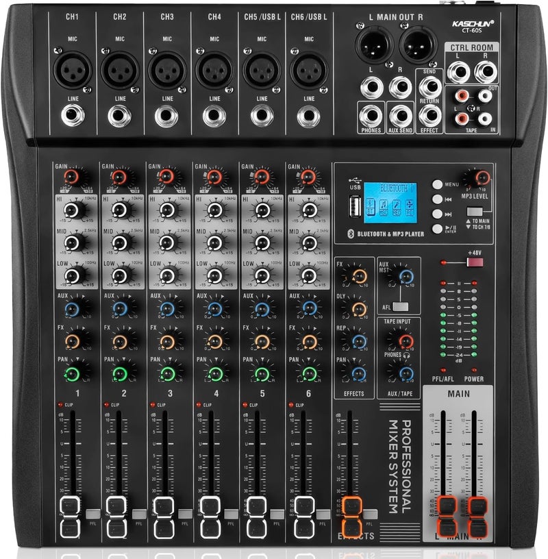 Kaschun Professional Audio Mixer, 6 Channel Mixer Sound Board Mixer DJ Mixing，Equipped With 48v Phantom Power USB Recording Bluetooth MP3 Player, Studio Audio Mixer Suitable for DJ Studio Streaming Recording - Image 1